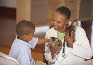 Vet and kid with cat